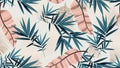 Vector seamless pattern with compositions of hand drawn tropical flowers, palm leaves, jungle plants, paradise bouquet