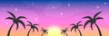 Tropical palms background. Vector web banner template. Summer evening sky, sunset and stars. Palm trees silhouettes illustration. Royalty Free Stock Photo