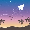 Tropical palms tree birds paper plane sunset sky background Royalty Free Stock Photo