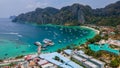 Tropical panoramic landscape with a ferry pier at Phi Phi islands in Thailand.