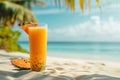 Tropical Papaya lassi or fruits juice on sunny beach under palm shadow. Generative AI Royalty Free Stock Photo
