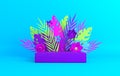 Tropical paper palm, monstera leaves and flowers frame, podium platform for product presentation. Summer tropical leaf. Origami
