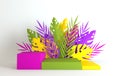 Tropical paper palm, monstera leaves and flowers frame, podium platform for product presentation. Summer tropical leaf. Origami