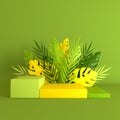 Tropical paper palm, monstera leaves and flowers frame, podium platform for product presentation. Summer tropical leaf. Origami