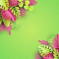 Tropical paper palm, monstera leaves frame. Summer tropical leaf. Origami exotic hawaiian jungle, summertime background