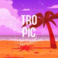 Tropical paradise background banner vector illustration. Palm tree on beach near ocean. Sand, blue sky and sea waves Royalty Free Stock Photo