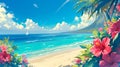 Tropical paradise background with hibiscus flowers, beach seascape. Bright summer sunny day illustration template design with a Royalty Free Stock Photo