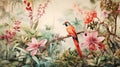 Tropical paradise, background with plants, flowers, birds, butterflies in vintage painting style