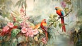 Tropical paradise, background with plants, flowers, birds, butterflies in vintage painting style