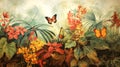 Tropical paradise, background with plants, flowers, birds, butterflies in vintage painting style