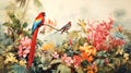 Tropical paradise, background with plants, flowers, birds, butterflies in vintage painting style