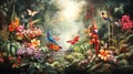 Tropical paradise, background with plants, flowers, birds, butterflies in vintage painting style