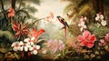 Tropical paradise, background with plants, flowers, birds, butterflies in vintage painting style