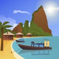 Tropical paradise banner vector illustration. Boat with diving equipment such as mask, air cylinders. Villas on beach