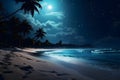 tropical paradise beach at full moon night, neural network generated photorealistic image