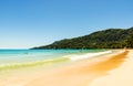 Tropical paradise beach with palms, white sand, and turquoise water at the Police Bay in Mahe Island, Seychelles Royalty Free Stock Photo