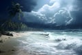 tropical paradise beach view with white sand, turquoise water and palm tree at stormy day, neural network generated