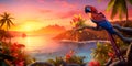 Tropical paradise showcasing palm trees swaying against a backdrop of vivid sunset hues and vibrant, exotic birds Royalty Free Stock Photo