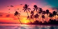 Tropical paradise showcasing palm trees swaying against a backdrop of vivid sunset hues and vibrant, exotic birds Royalty Free Stock Photo