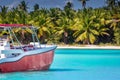 Tropical paradise: caribbean beach with single palm tree and boat, Punta Cana Royalty Free Stock Photo