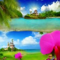 Tropical paradise colorful beautiful cartoon art pink floral and castles