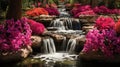 Tropical paradise crystal clear waterfalls, exotic birds, and blooming flowers in vibrant sunshine Royalty Free Stock Photo