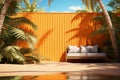 Tropical paradise 3D rendering features orange wooden wall, lush palms, and sandy shore
