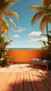 Tropical paradise 3D rendering features orange wooden wall, lush palms, and sandy shore