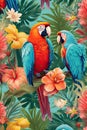 a tropical paradise, with exotic birds