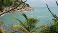 Tropical Paradise exotic white sand beach washed by blue calm sea. Sandy shore with green coconut palms under cloudy sky. idyllic Royalty Free Stock Photo