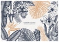 Tropical paradise frame design. With hand drawn exotic plants, citrus fruits, tropical plants, palm leaves sketches. Floral Royalty Free Stock Photo