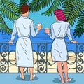 Tropical Paradise. Happy Couple Drinking Coffee at the Balcony of Beach Hotel. Pop Art illustration Royalty Free Stock Photo