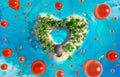 Tropical paradise island in the form of heart with flying red balloons, bird eye view Royalty Free Stock Photo