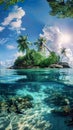 Tropical paradise island oasis with crystal clear waters, panoramic view Royalty Free Stock Photo