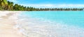 Tropical paradise island panoramic view, sea sand beach panorama, exotic nature, ocean water, wave, palm tree, sun sky cloud Royalty Free Stock Photo