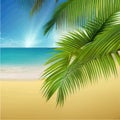 Tropical paradise island. Sandy beach, palm trees and sea. Vector cartoon Royalty Free Stock Photo