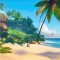 Tropical paradise island. Sandy beach, palm trees and sea. Vector cartoon Royalty Free Stock Photo