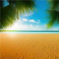 Tropical paradise island. Sandy beach, palm trees and sea. Vector cartoon Royalty Free Stock Photo