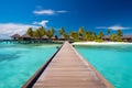Tropical paradise Luxury travel backdrop with a wooden pier panorama