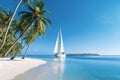 Tropical Paradise Palm Trees, White Sand Beach, Blue Sky, Sailboat on Exotic Island. AI Royalty Free Stock Photo