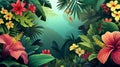 Tropical Paradise Panorama with Vibrant Flora. Expansive view of a lush tropical landscape surrounded by vivid flowers