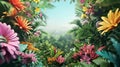 Tropical Paradise Panorama with Vibrant Flora. Expansive view of a lush tropical landscape surrounded by vivid flowers