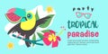 Hello summer. Party tropical Paradise. Vector illustration, invitation to a party with a cute Toucan bird. Royalty Free Stock Photo