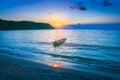 Tropical sandy beach at summer sunset in Fiji Islands, Pacific ocean Royalty Free Stock Photo