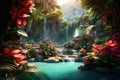 Tropical paradise scenes featuring lush greens and