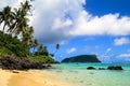 Tropical paradise seascpape, golden sandy beach with palm trees and pristine blue waters of Pacific Ocean Royalty Free Stock Photo