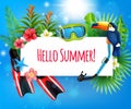 Tropical paradise summer vacation realistic composition with flippers snorkel diving mask toucan bird frame invitation vector Royalty Free Stock Photo