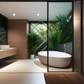 A tropical paradise-themed bathroom with a glass-enclosed shower, lush greenery, and a wooden vanity5