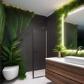 A tropical paradise-themed bathroom with a glass-enclosed shower, lush greenery, and a wooden vanity3
