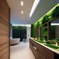 A tropical paradise-themed bathroom with a glass-enclosed shower, lush greenery, and a wooden vanity2